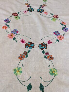 Vintage Cream Linen Tablecloth Hand Embroidered Colorful Flowers  58" x 77"